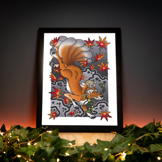 Kitsune Fox Nine Tails - Traditional Japanese Inspired Irezumi Tattoo Flash Hand Drawn Original Art Print Poster