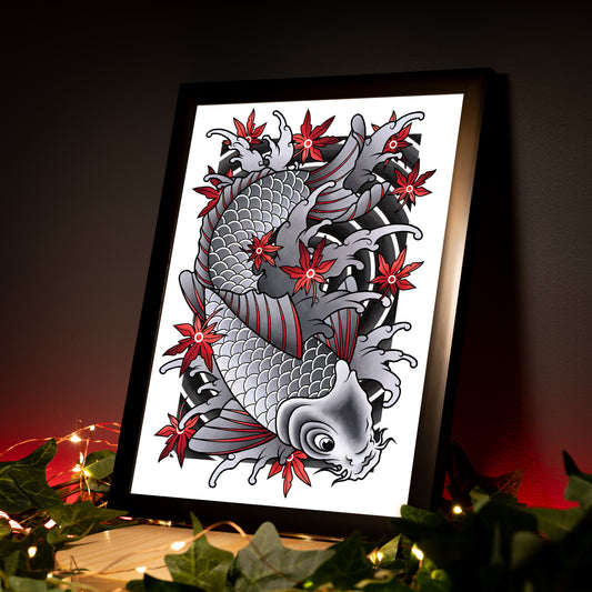 Koi Fish - Black and Grey Traditional Irezumi Japanese Tattoo Flash Hand Drawn Original Art Print Poster