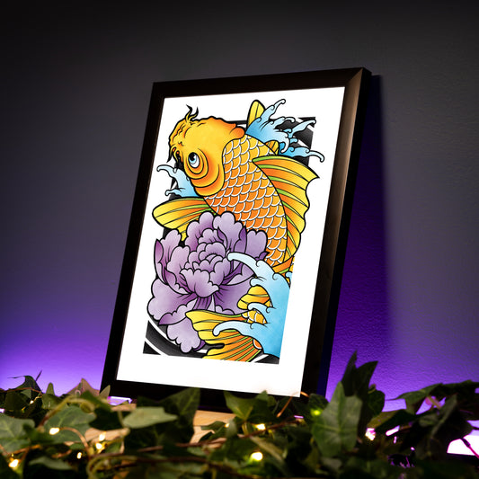 Koi Fish and Peony - Traditional Irezumi Japanese Tattoo Flash Hand Drawn Original Art Print Poster