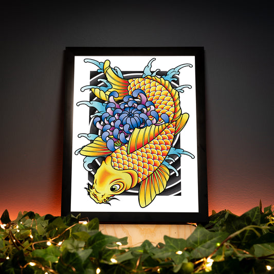 Koi Fish & Chrysanthemum - Traditional Irezumi Japanese Tattoo Flash Hand Drawn Original Art Print Poster