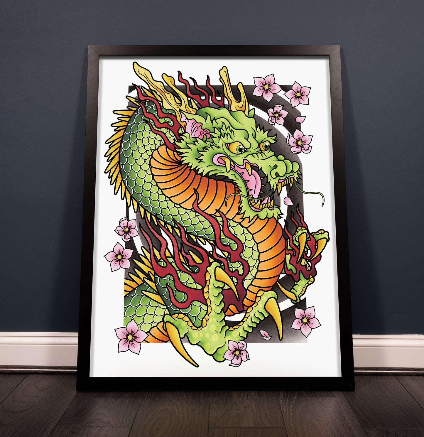 Dragon and Sakura Cherry Blossom Flower Traditional Irezumi Japanese Tattoo Flash Hand Drawn Original Art Print Wall Poster