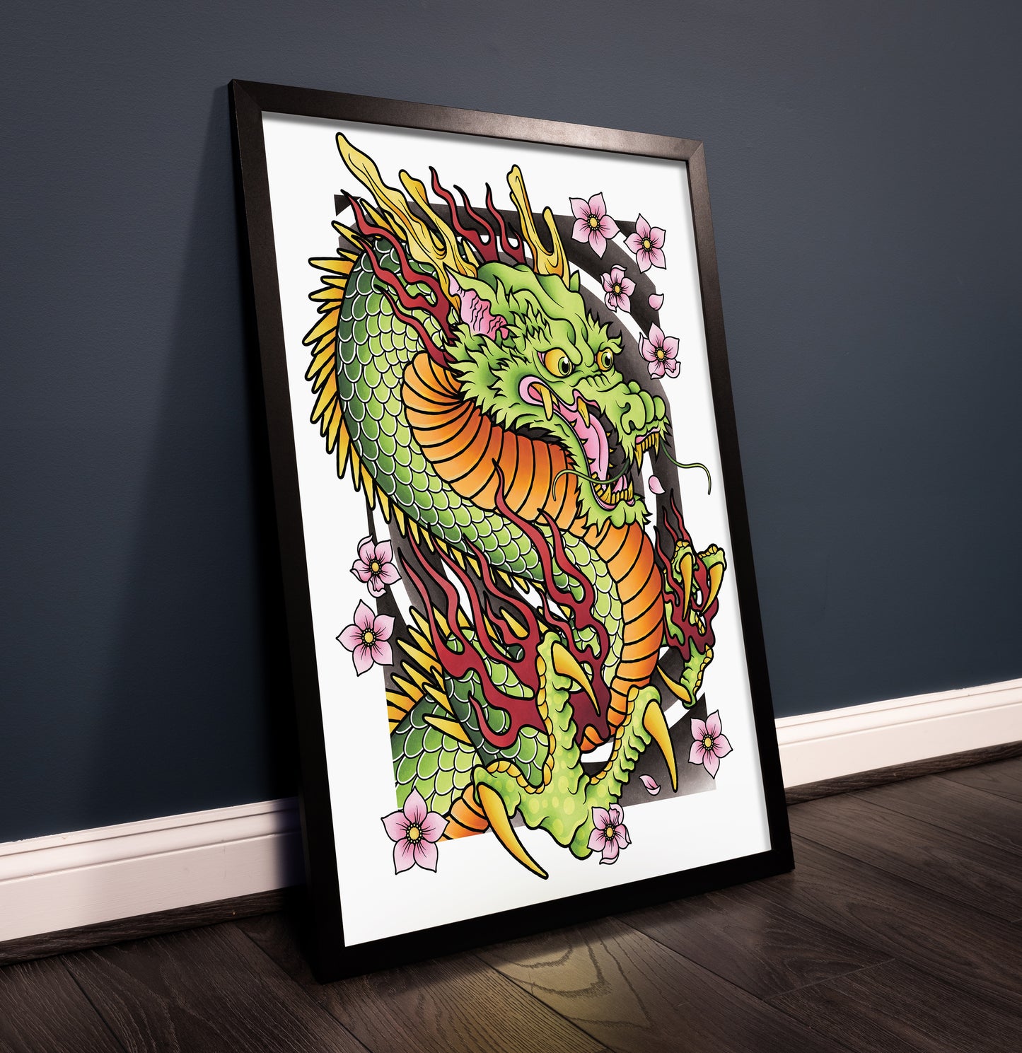 Dragon and Sakura Cherry Blossom Flower Traditional Irezumi Japanese Tattoo Flash Hand Drawn Original Art Print Wall Poster