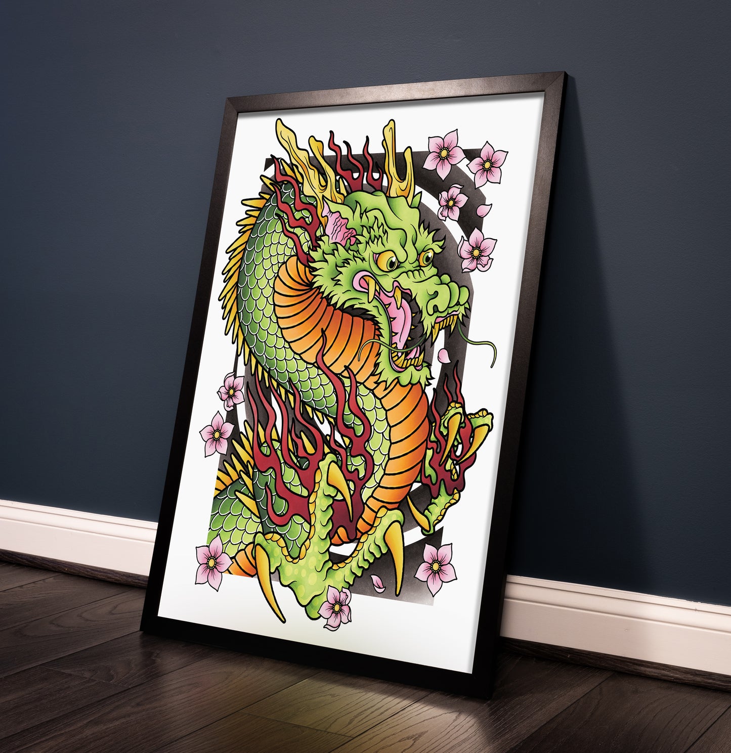 Dragon and Sakura Cherry Blossom Flower Traditional Irezumi Japanese Tattoo Flash Hand Drawn Original Art Print Wall Poster