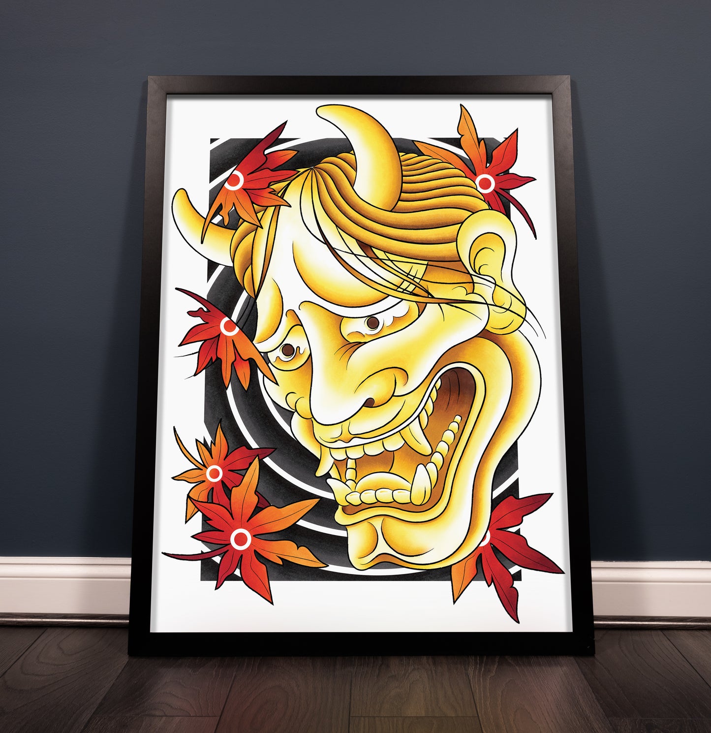 Golden Hannya Golden Oni Mask and Red Maple Leaves Traditional Japanese Irezumi Tattoo Flash Hand Drawn Original Art Print