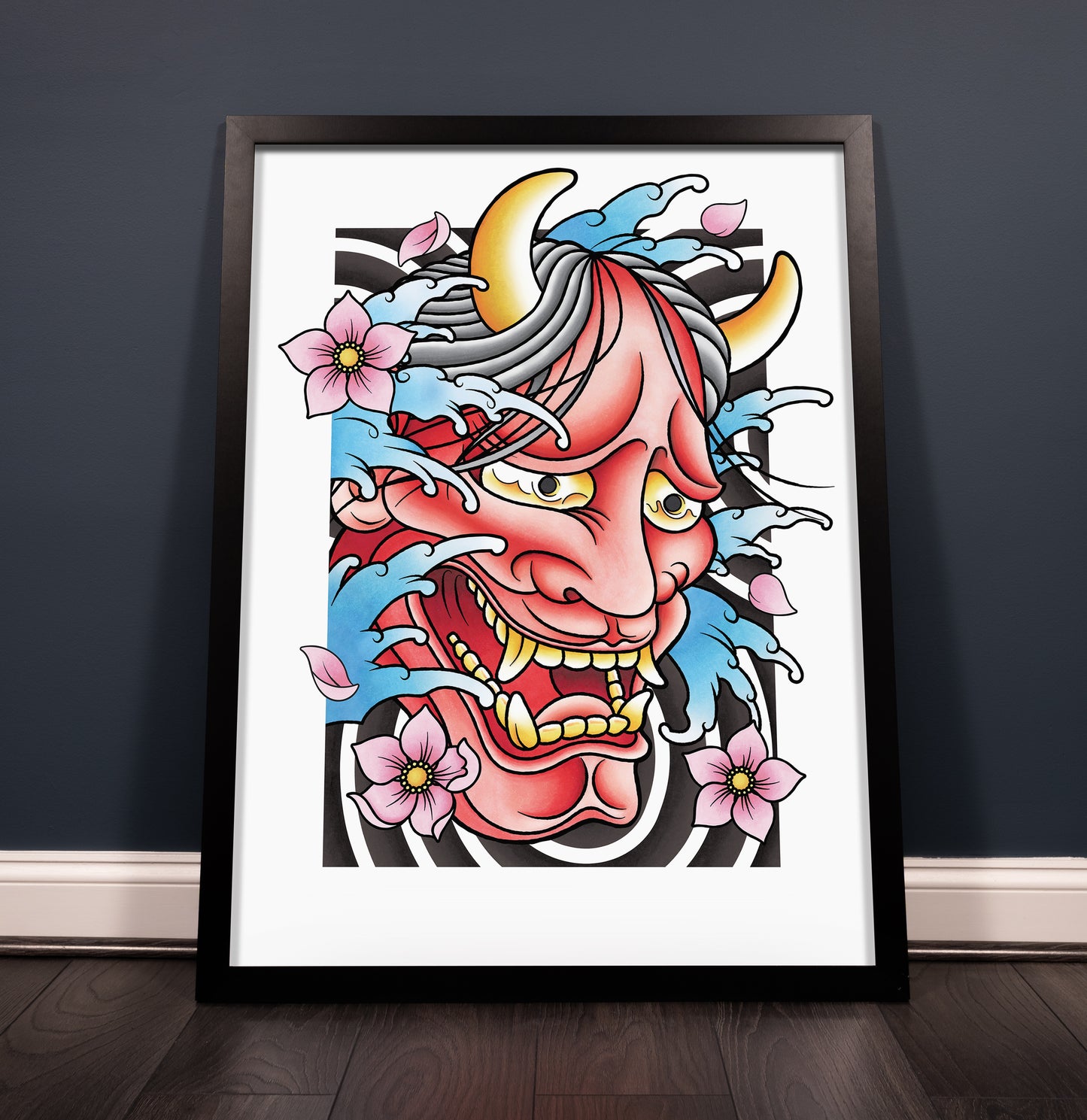 Hannya Oni Noh Mask and Sakura Cherry Blossom Flower Traditional Japanese Irezumi Tattoo Flash Hand Drawn Original Art Print Wall Poster