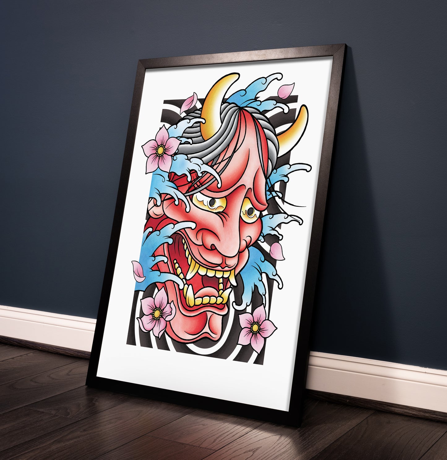 Hannya Oni Noh Mask and Sakura Cherry Blossom Flower Traditional Japanese Irezumi Tattoo Flash Hand Drawn Original Art Print Wall Poster