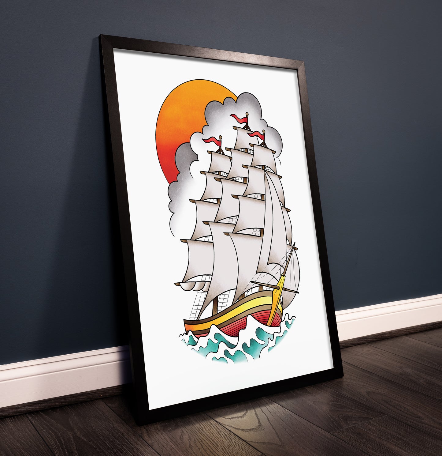 Traditional Sailing Ship Inspired Tattoo Flash Hand Drawn Original Art Print Poster