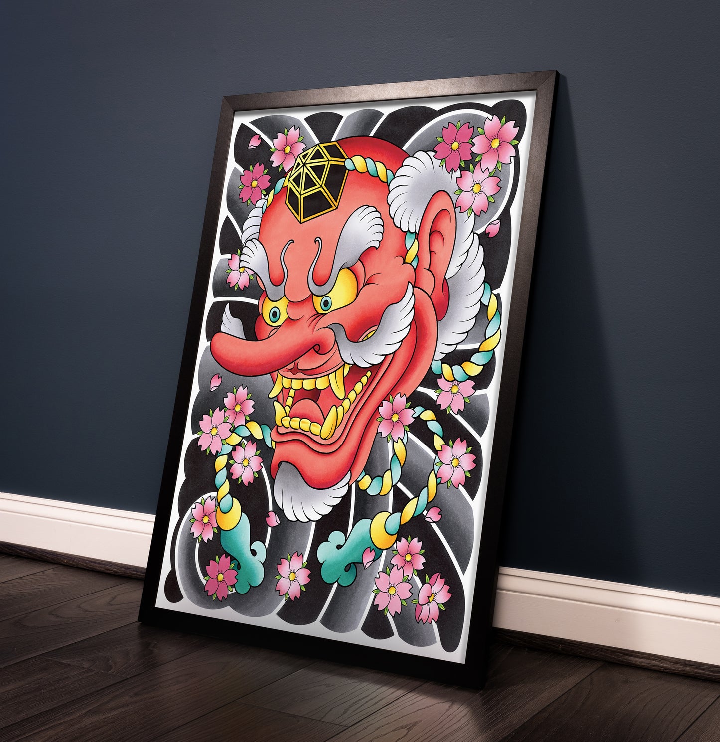 Tengu Oni Noh Mask and Sakura Cherry Blossom Flower Traditional Japanese Irezumi Tattoo Flash Hand Drawn Original Art Print Wall Poster