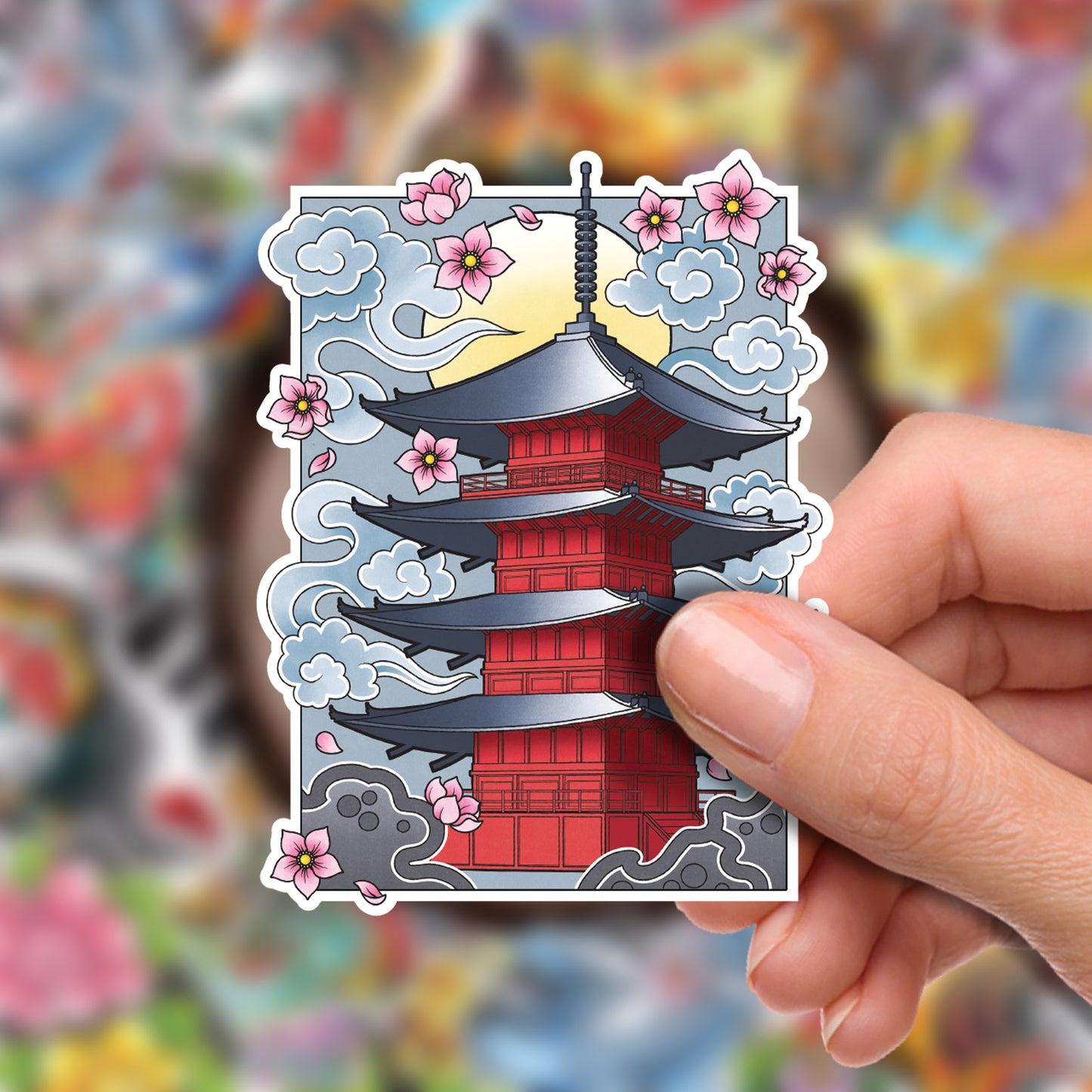 Japanese Pagoda Traditional Irezumi Tattoo Flash Fine Art Waterproof Vinyl Sticker and Postcard Art Print