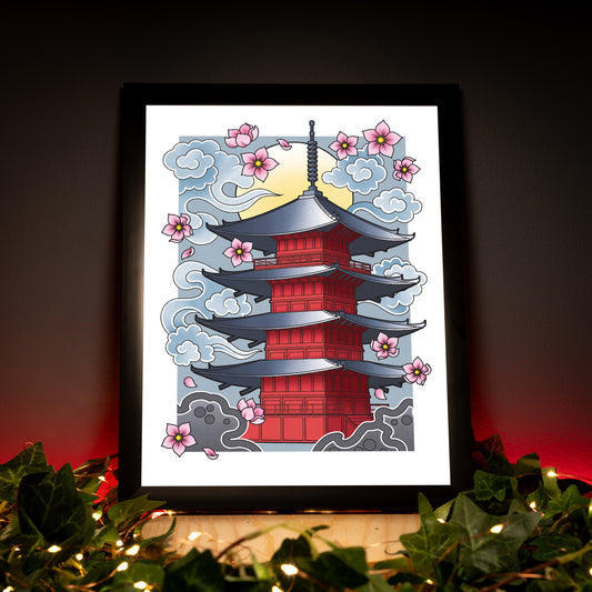 Pagoda - Traditional Japanese Inspired Irezumi Tattoo Flash Hand Drawn Original Art Print Poster