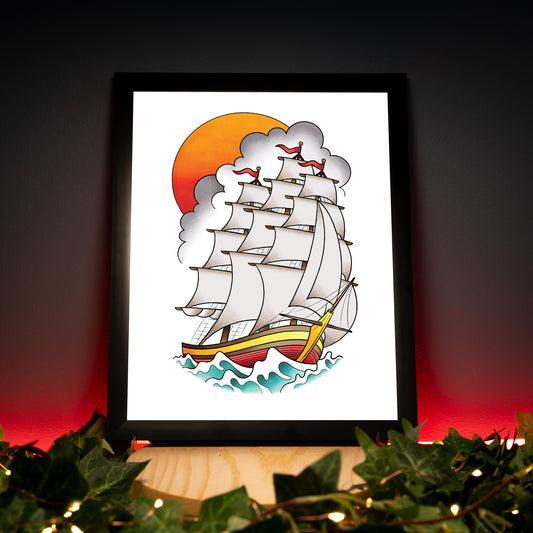 Traditional Sailing Ship Inspired Tattoo Flash Hand Drawn Original Art Print Poster