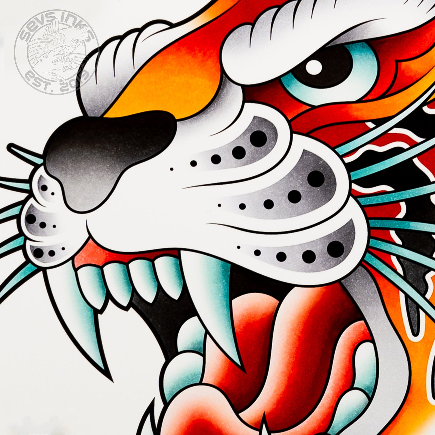 Traditional Tiger Head Hand Drawn American Traditional Tattoo Flash Fine Art Waterproof Vinyl Sticker and Postcard Art Print