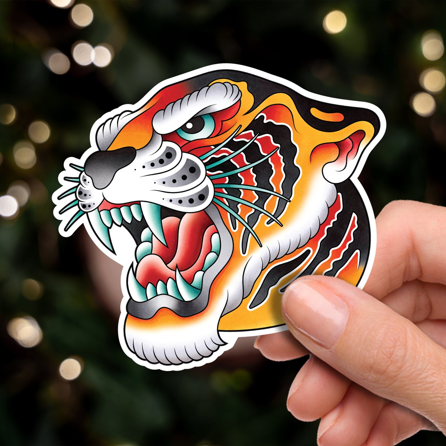 Traditional Tiger Head Hand Drawn American Traditional Tattoo Flash Fine Art Waterproof Vinyl Sticker and Postcard Art Print