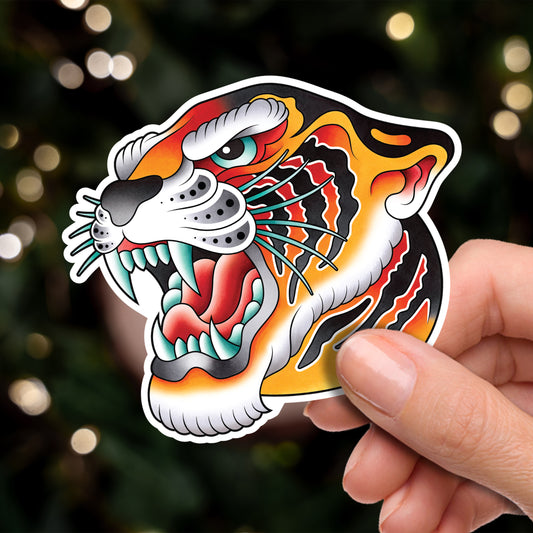 Traditional Tiger Head Hand Drawn American Traditional Tattoo Flash Fine Art Waterproof Vinyl Sticker and Postcard Art Print